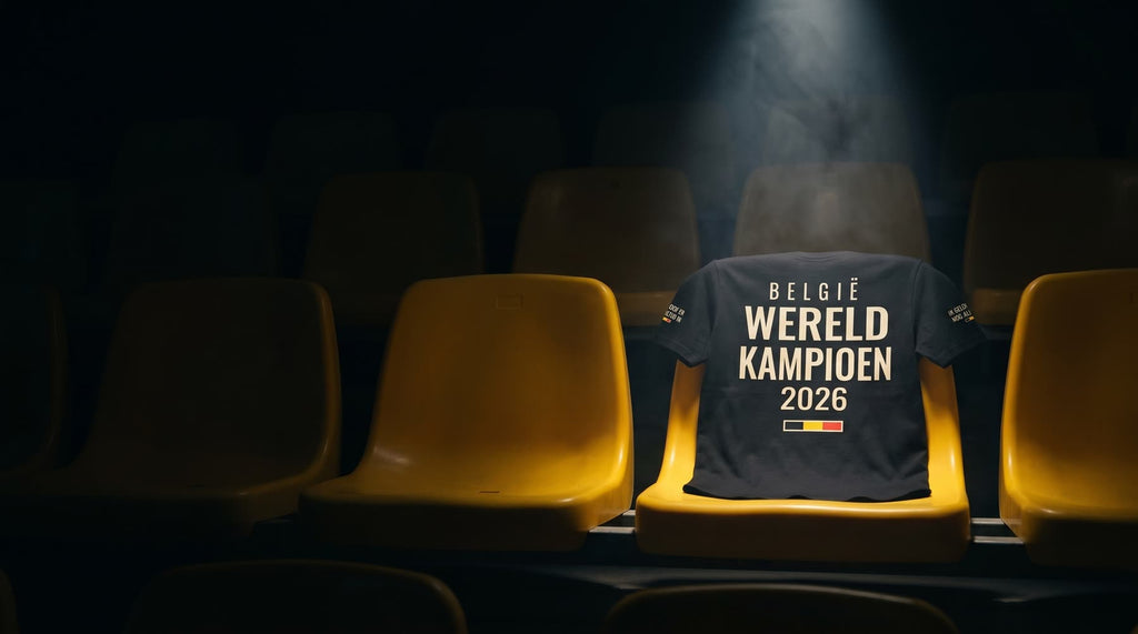 Het NAZOMER shirt op een gele stadionstoel onder een spot